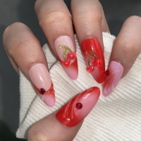 Faux ongles 3D en amande rouge rose ombré avec strass rouges, réutilisables