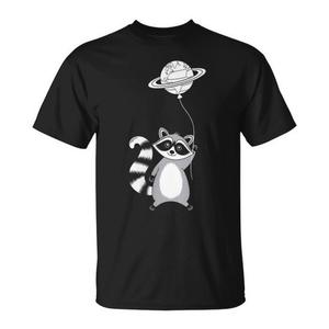 Camiseta con diseño de mapache sosteniendo un globo, negra, unisex, para adultos, manga corta, cuello redondo, impresión digital, promocional - Product Image 1