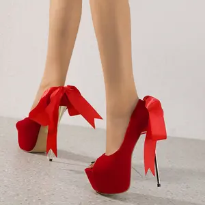 红色高跟鞋女鞋16厘米细高跟鞋露趾高跟鞋平台背蝴蝶加大码连衣裙女士高跟鞋塔隆女装