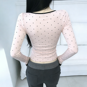 Top de Encaje con Cuello en V y Estampado de Lunares para Mujer, Estilo Dulce y Moderno, Top de Mujer con Parches de Encaje, Estilo Casual Elegante - Product Image 3