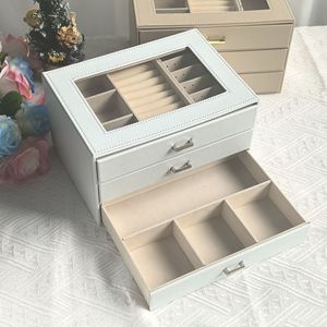Boîte de rangement pour bijoux de grande capacité pour la maison, style tiroir à trois niveaux, vente en gros de boîtes à bijoux en cuir - Product Image 5