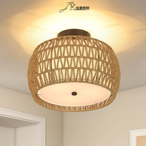 Retro Woven Rattan Ceiling <b>Light</b> Round Incandescent Hardwired Living Room And <b>Dining</b> Room Lighting Fixture - Product Image 3