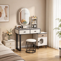 Table de maquillage moderne avec miroir LED ovale, armoire de rangement latérale et tabouret rond, table de toilette pour chambre à coucher