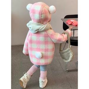 Child Star Circle Girls' Plaid Wool Coat Thickened Windproof Autumn Winter Outwear For Little Girls With Hood And Pockets - Product Image 3