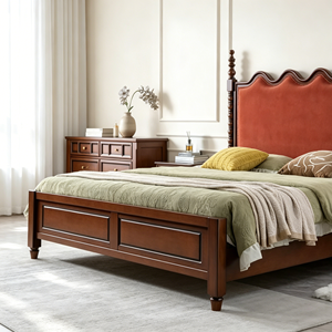 New Arrival Wavy Scalloped Upholstered Four Poster Solid Wood Bed with Matching Dresser & Nightstands - Product Image 4