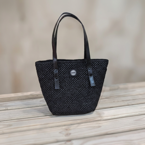 Sac fourre-tout en paille tressée Ana noir avec deux poignées en cuir, ouverture supérieure, style minimaliste, toutes saisons, sac de shopping décontracté en polyester - Product Image 5