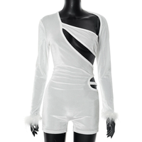 GHY6251 New Women's Sexy Irregular Hollow Out Furry Long Sleeved Tight Shorts Jumpsuit for Women
