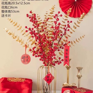 ช่อดอกไม้เบอร์รี่สีแดงประดิษฐ์ สูง 53 ซม. สำหรับตกแต่งปีใหม่ ตกแต่งห้องนั่งเล่น ตกแต่งงานแต่งงาน ดอกไม้ผ้าไหมประดับด้วยสีทอง - Product Image 2