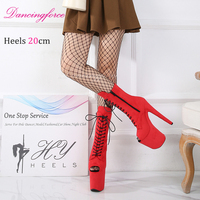 Chaussures de pole dance en daim de 20 cm, style stripper, à lacets, avec fermeture éclair à la cheville, bout ouvert, talons hauts, plateforme, bottes mi-mollet pour femmes