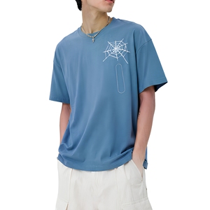 เสื้อยืดโอเวอร์ไซส์ลายใยแมงมุม สไตล์สตรีทแวร์ ผ้าคอตตอนหนา สีน้ำเงิน ทรงไหล่ตก สไตล์ฮิปฮอป - Product Image 4