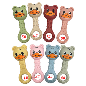 Jouets de dentition en silicone colorés en forme de canard avec anneau de maintien pour bébés, anneaux de dentition souples en caoutchouc à mâcher en jaune, vert, beige, rose - Product Image 2