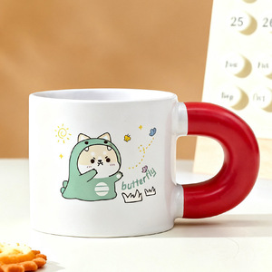 Ceramic Mug Cartoon Cat Design Red Handle <b>Cute</b> Gift For Girls - Product Image 1