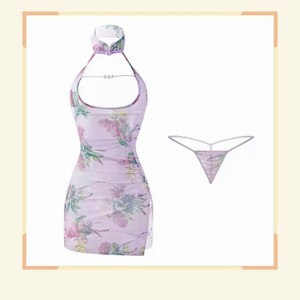 Vestido Cheongsam con Estampado Floral, Estilo Halter, Satinado, Ajustado, Cintura Natural, Transpirable, 8112 - Product Image 3