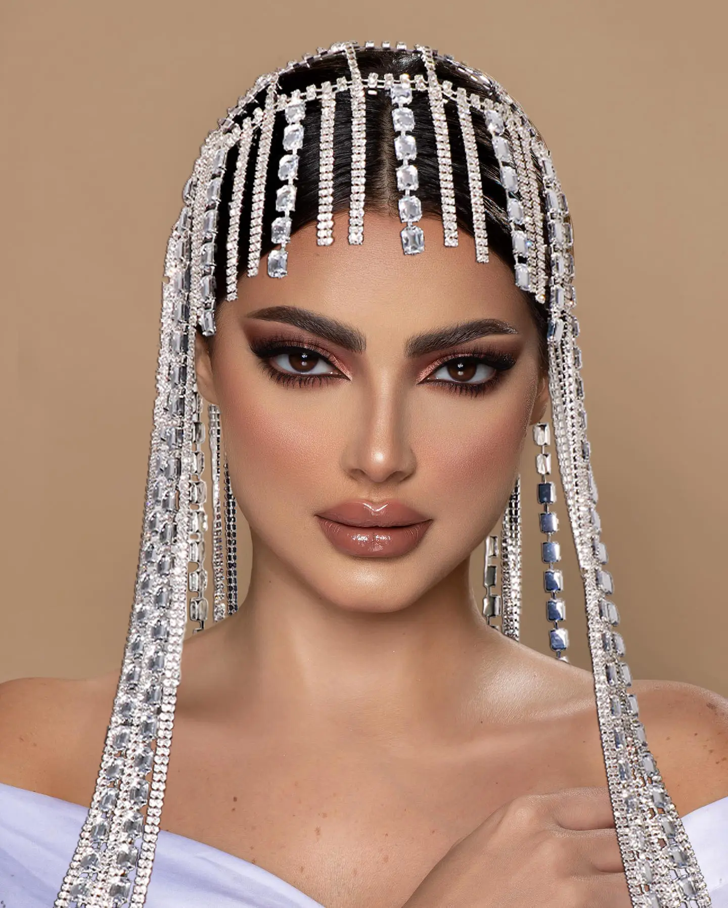 Shiny Long Tassel Crystal Hair Ornaments for Dubai Crystal Head Chain Bohemian Bridal Headwear Hair Accessories Hat
