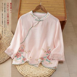 Women's Embroidered Linen Top Short Sleeve Stand Collar Chinese Knot Breathable Summer Casual Wear - Product Image 3