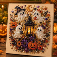 Kit DIY d'art 3D fait main avec perles et strass, motifs vintage Halloween (fantôme, vache, chat, crâne, sorcière, citrouille, lune) pour décoration murale