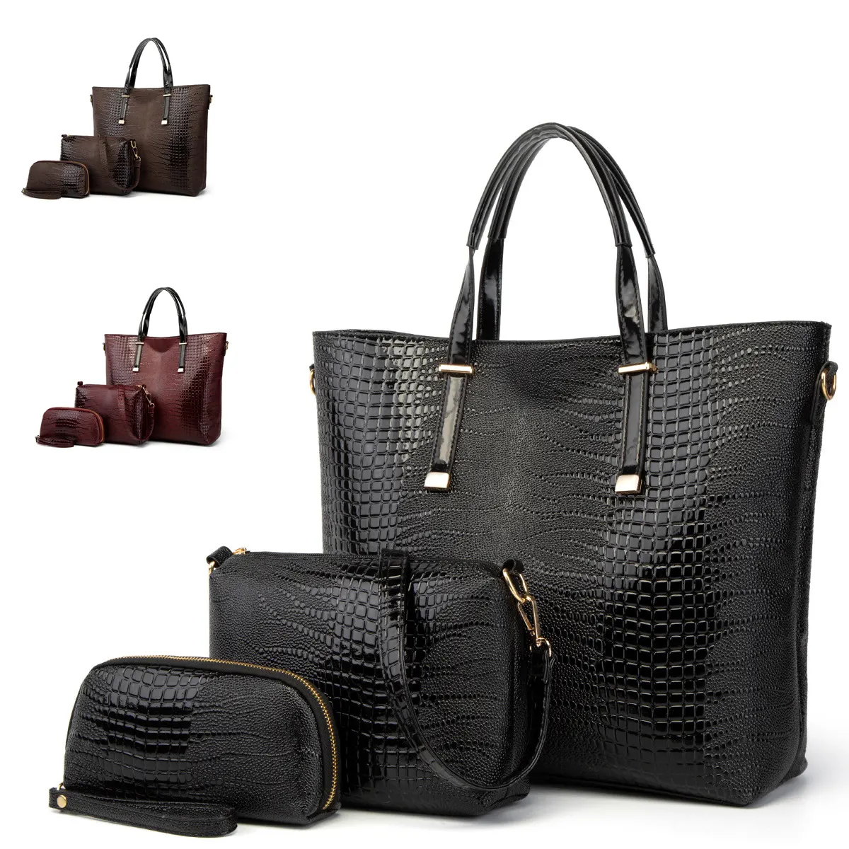 OEM les sacs les sac a main black croco large handbag for lady leather bag female big women bags shoulder women's handbags set