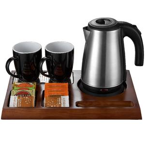 Ohigitechi 5 <span class=keywords><strong>estrellas</strong></span> Hotel Bienvenido <span class=keywords><strong>4</strong></span> en 1 Vintage bandeja de madera de pino <span class=keywords><strong>real</strong></span> W/1,0 L portátil 304 Hervidor eléctrico de acero inoxidable y tazas de cerámica - Product Image 3