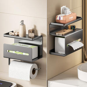 Porte-serviettes mural minimaliste en acier carbone rectangulaire, sans perçage, organiseur de papier toilette pour salle de bain - Product Image 1