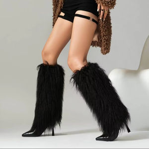 Meşgul kız H4612 diz yüksek Faux kürk çizmeler sonbahar kış kadın Faux tüy kürk püskül yüksek topuklu moğol kürk çizmeler üzerinde kayma - Product Image 4