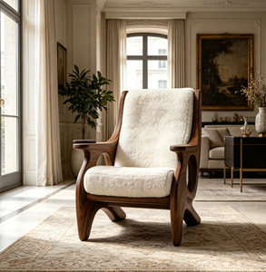 Poltrona Singola Imbottita in Sherpa Bianco con Telaio in Fibra di Vetro Effetto Legno per Interni Residenziali dal Look Mid-century - Product Image 1