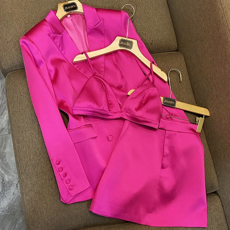 Traje de satén de alta calidad para mujer, chaqueta de doble botonadura, color rojo y rosa brillante, con sujetador, 3 unidades