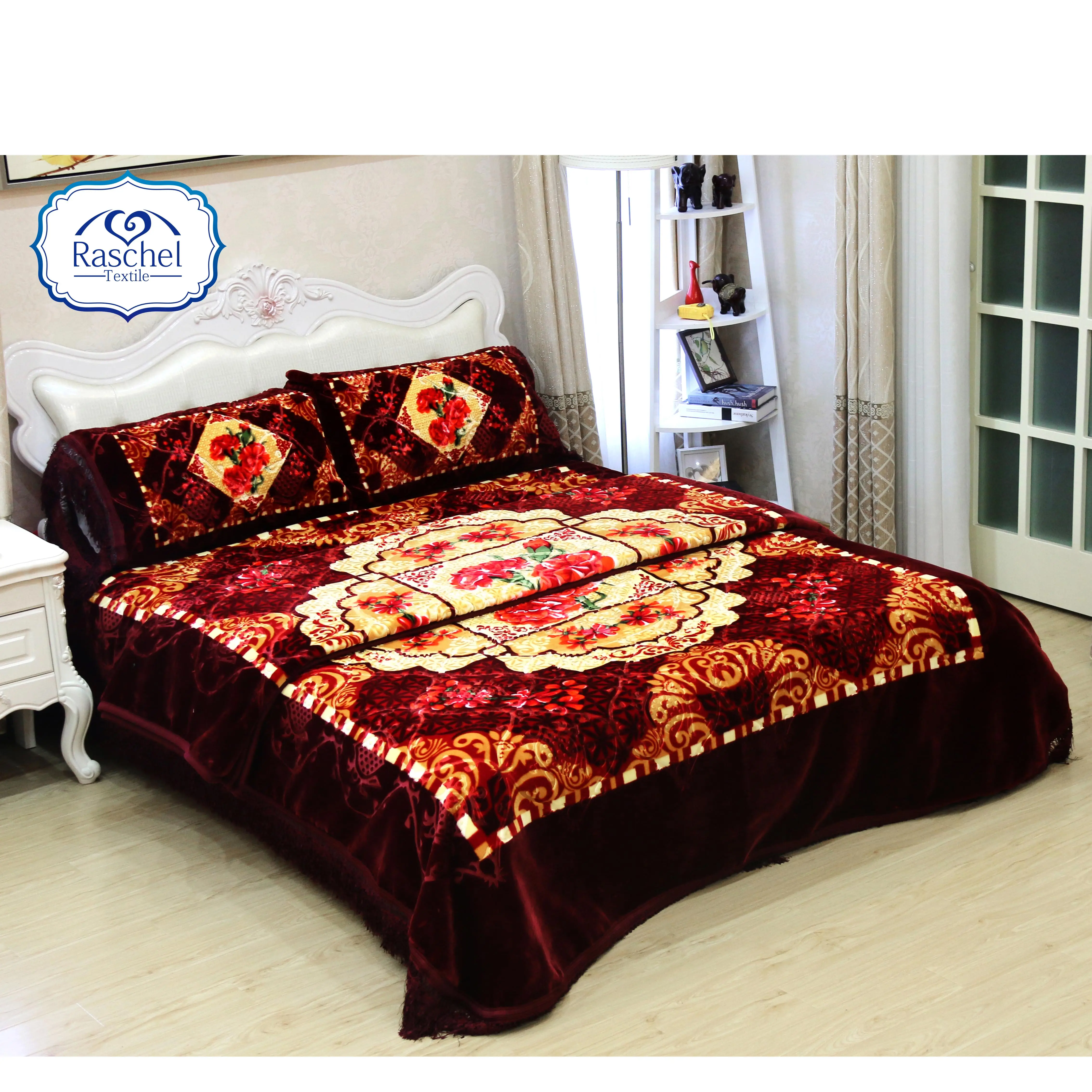 Parure de lit, couverture en vison Double taille avec imprimé floral de king size, 4 pièces, vente en gros