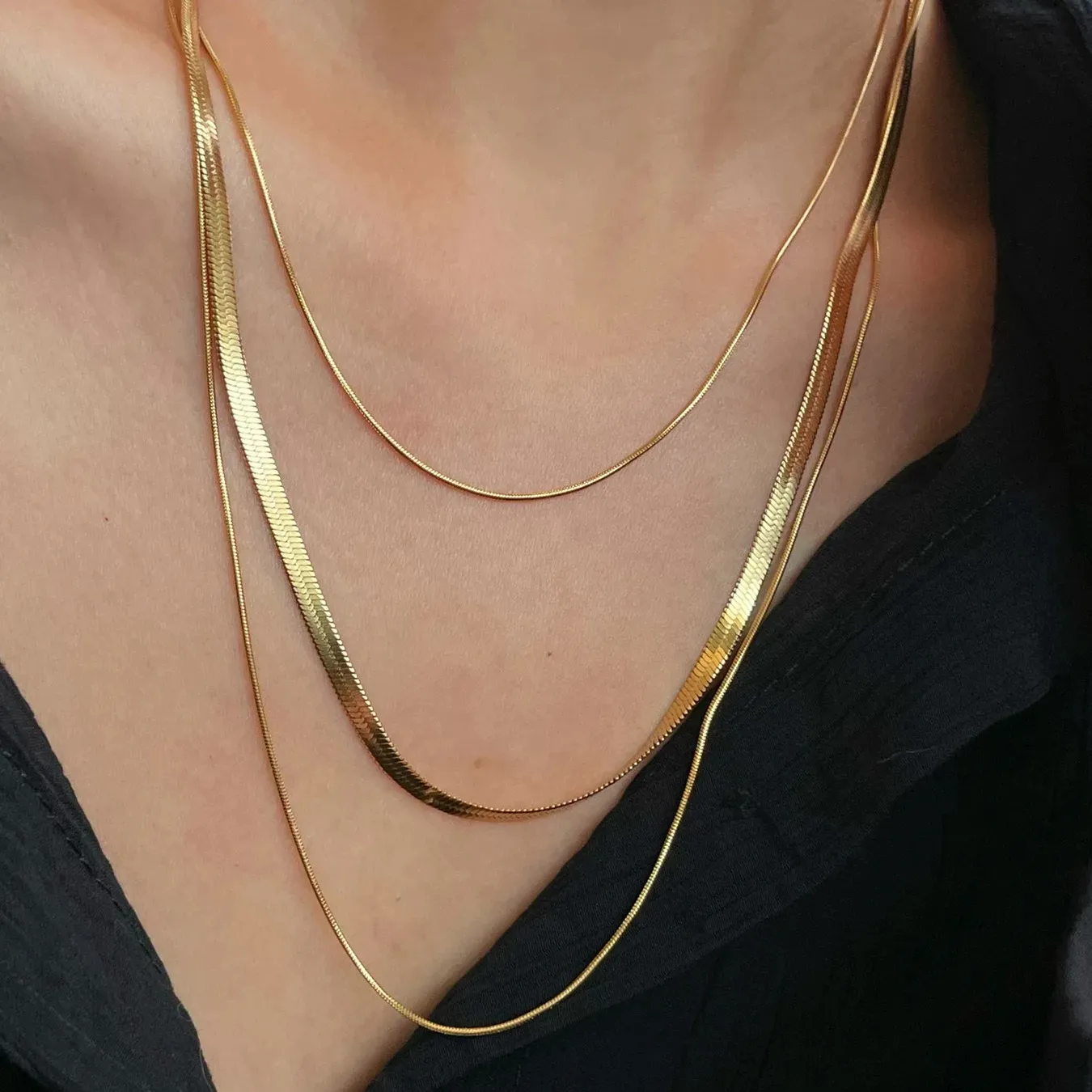 Edelstahl Drei schicht ige Schlangen kette 18 Karat Gold Persönlichkeit Halskette Modeschmuck für Frauen