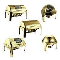 Plateau de service rectangulaire rond en acier inoxydable doré, ensemble de plats chauffants pour buffet avec couvercle et support