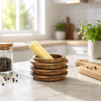 Série d'anneaux de maison naturels Mortier en bois d'acacia et pilon en bois de bouleau pour herbes Ail Poivre Mortier Et Pilon Mortero Y Maja