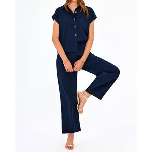 Conjunto de 2 Piezas para Mujer, Top de Manga Corta y Pantalones Palazzo, Atuendo Casual de Verano, Tela Crepé Transpirable - Product Image 6