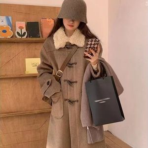 Korean Style Women's Wool Coat Mid Length Over The Knee High End Duffle Coat Camel Color With Pocket - Product Image 1