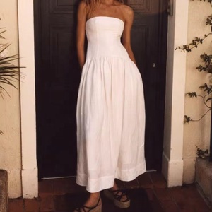 High Quality <strong>Linen</strong> Blend Fabric Dress Fitted With Panels Corset Strapless Women's Dress Pleated <strong>Maxi</strong> <strong>Skirts</strong> Side Pockets - Product Image 1
