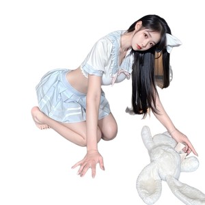 Ensemble 2 pièces de lingerie pour femme, style uniforme scolaire et de demoiselle d'honneur, en satin ajouré avec volants et nœuds - Product Image 5