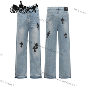 กางเกงทรงดินสอของผู้ชายอินเทรนด์พร้อมรายละเอียดหนังปะแบบไขว้กางเกงยีนส์ผ้าฝ้าย100% เอวเล็กลำลอง - Product Image 1