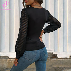 Loveda Großhandel Sommer Frauen Sexy Chiffon Spleißen Einfarbig Gestrickt Tief V-Ausschnitt Langarm <span class=keywords><strong>Top</strong></span> - Product Image 4