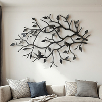 Grande figurine murale en aluminium moulé gravée d'un oiseau sur une branche, décor mural en métal brun foncé peint à la main, décoration intérieure