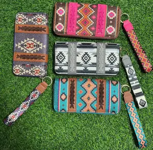Vintage Western Boho Aztec Pattern Credit Card Wallet Woman Wristlet Strap Coin Purse Card Holder Bag