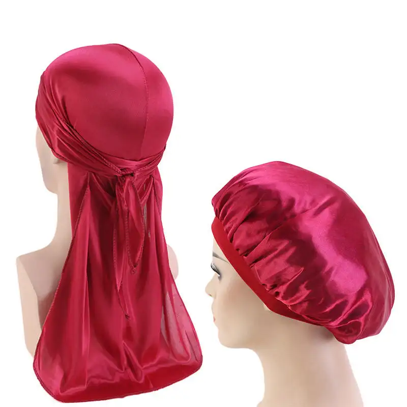 YOMO Wholesale Couples Sleep Cap Bonnet And Doo Rag Group Set of Solid Color Silky Durag HE-5125