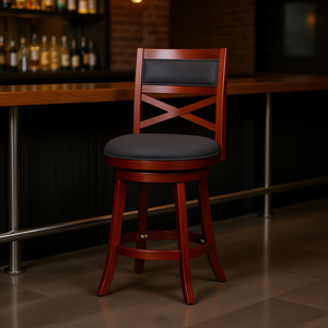 Tabouret de bar pivotant de 30 pouces avec dossier en X, finition cerisier, siège en tissu anthracite, structure en bois, pour bar à domicile ou mobilier commercial - Product Image 2