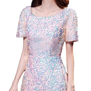 Women's Sequined Evening Gown O-Neck Natural Waist Candy Color Long Dress For Coming Of Age Ceremony - Product Image 5
