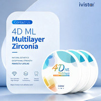 Bloque de Zirconia Multicapa Ivista 4D-ML, Precio al por Mayor, 45%-59% de Translucidez, 700-1000 MPa, para Diseño de Carillas Dentales
