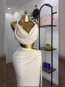 Women's Sleeveless Halter Top With Hemp Rope Tie-Waist Skirt <b>Sexy</b> 2-Piece <b>Set</b> Fashion - Product Image 2