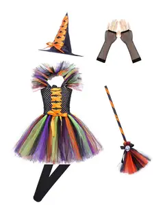 Mädchenverkleidung schickes Kleid Karneval Hexenkleidung Cosplay Vestido Halloween Hexenkostüm mit Hut und Schaufelstiel