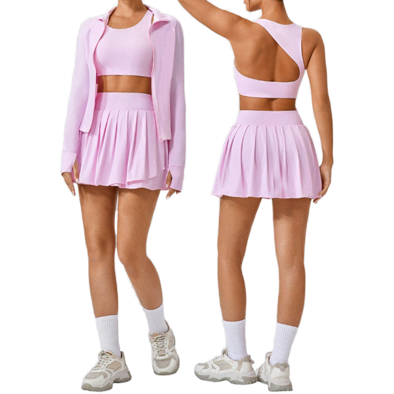 Custom Women's Summer Ice Silk Gym Fitness Sportswear Long Sleeve Tops Tennis Skirts Yoga Set With Solid Pattern Shorts Length