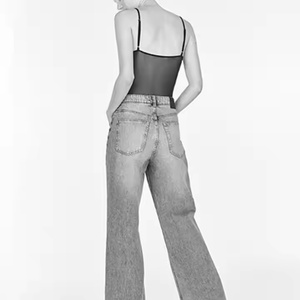 Pantalon évasé en jean décontracté pour femme, taille haute, en coton respirant, coupe droite et large, extensible et confortable, avec logo à la taille, coupe décontractée - Product Image 6