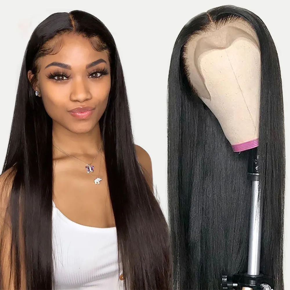 Vente en Gros Perruques Synthétiques de Style Américain pour Femmes Résistant à la Chaleur Os Droite Longs Cheveux Noirs Perruque Suisse Dentelle Frontale Perruques de Cheveux