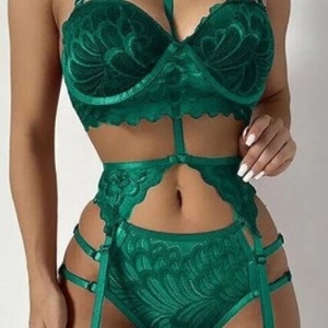 European American Sexy Neck Garter Belt Factory Direct Light Control Level Three Piece Lace <b>Perspective</b> Women's Underwear Set - Product Image 4