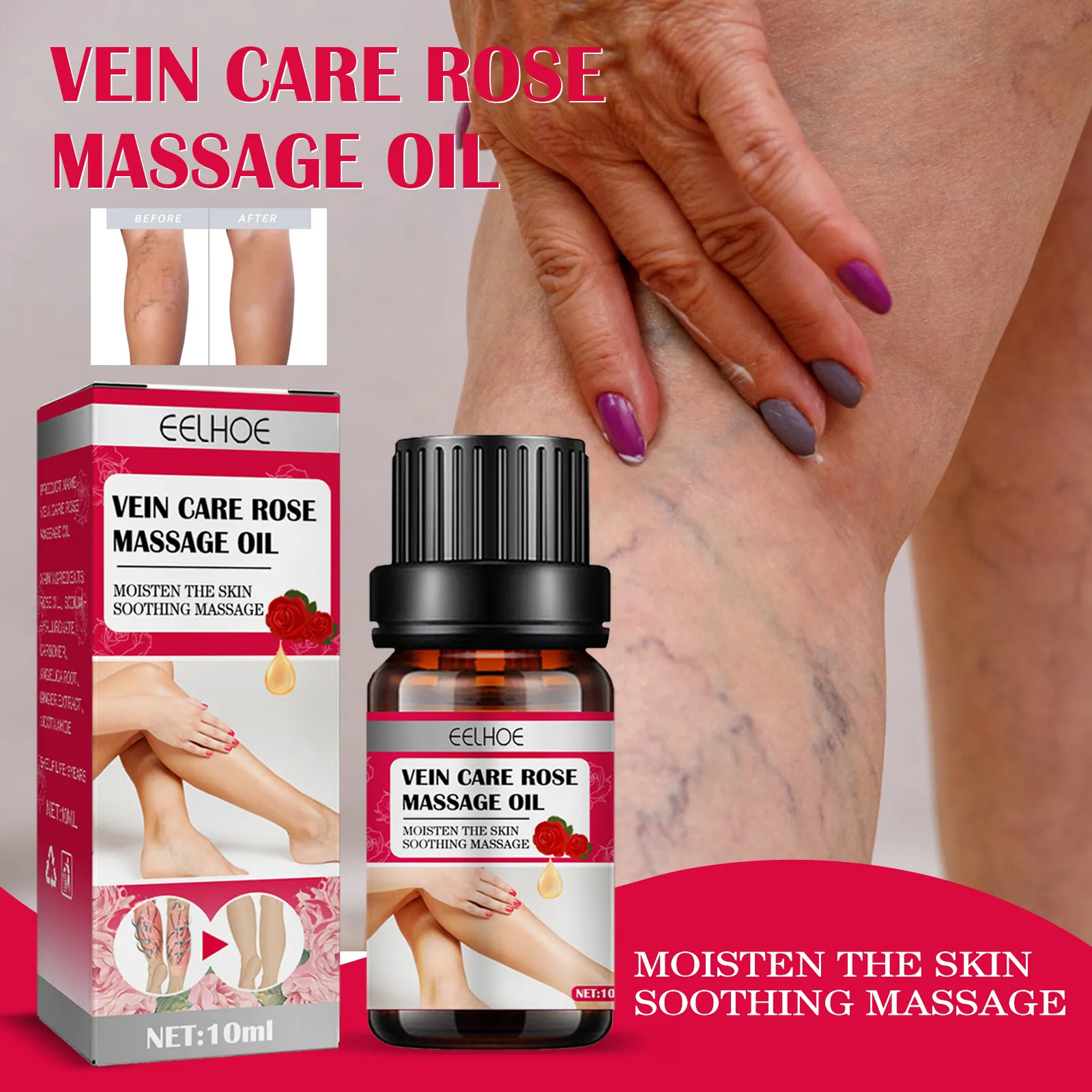 Soin des varices Huile de massage à la rose Huile de sérum 10ml Humidifiez la peau et améliorez les varices