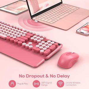 Combo de Teclado y Ratón Inalámbrico SABLUTE, Tamaño Completo, Teclas Retro Rosa Intenso, Reposamuñecas Magnético, Teclas Multimedia, para Laptop, 2 Pilas AAA - Product Image 5